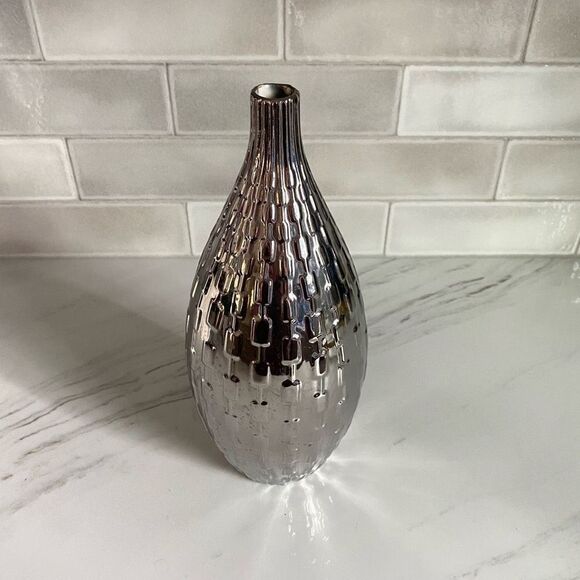 CB2 Geometric Silver Metallic Tall Vase Home Decor Accent - Picture 2 of 10
